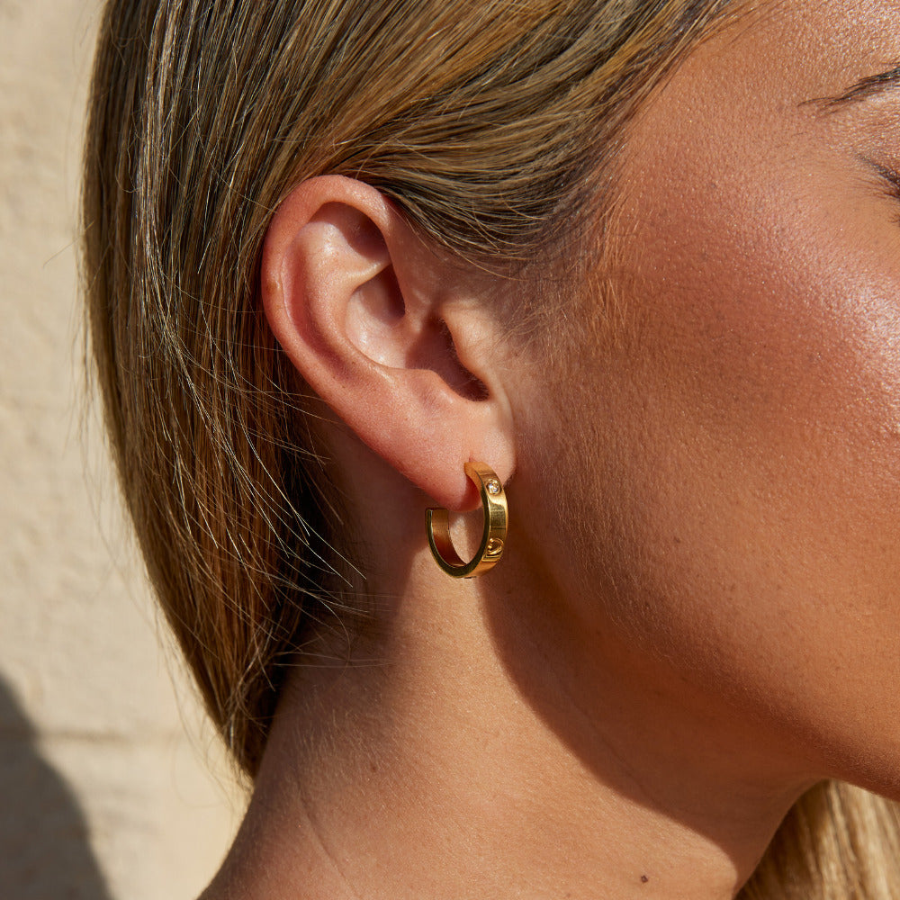 OW Small Love Earrings – Earrings by Olluwa, 18k gold-plated stainless steel, styled on ear
