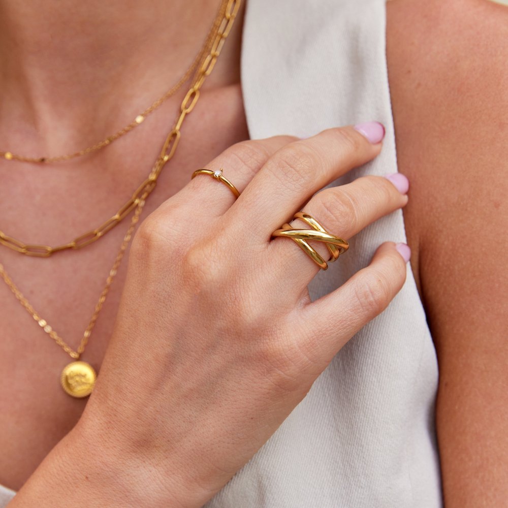 OW Trinity Ring – Ring by Olluwa, 18k gold-plated stainless steel, styled on hand